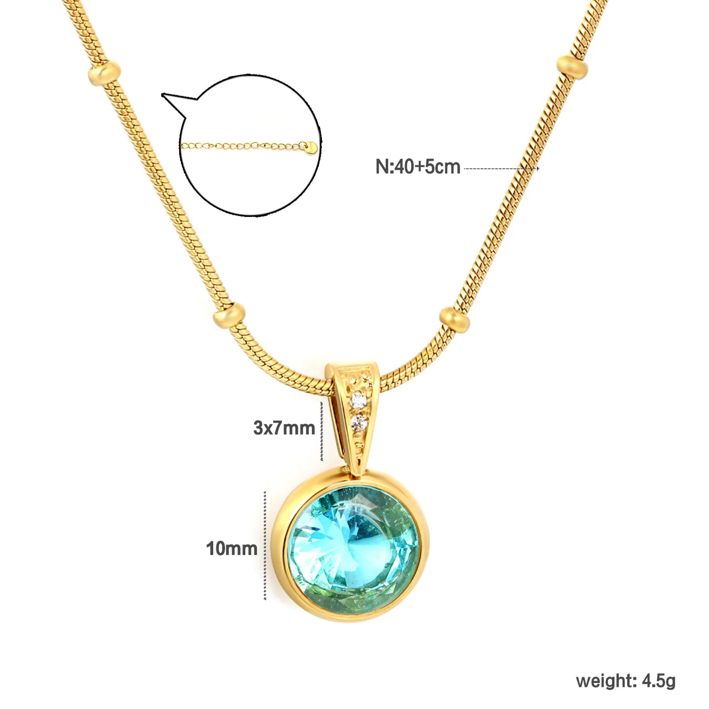 Elegant Dainty Birthstone Round Crystal Pendant Necklace with Beaded Flat Snake Chain | 4 Color Gemstone Options |