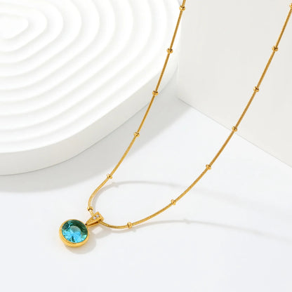 Elegant Dainty Birthstone Round Crystal Pendant Necklace with Beaded Flat Snake Chain | 4 Color Gemstone Options |