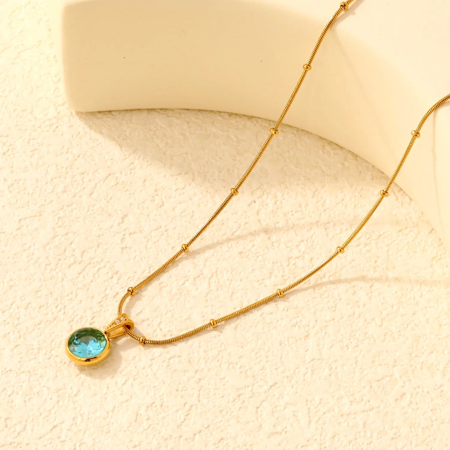 Elegant Dainty Birthstone Round Crystal Pendant Necklace with Beaded Flat Snake Chain | 4 Color Gemstone Options |