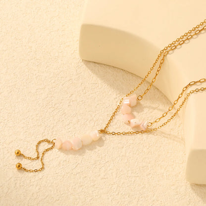 Double Layer Natural Stone Bead Y Drop Lariat Necklace Tassel Ball End Design | Multi Color Options | Boho Summer Beach Layering Jewelry