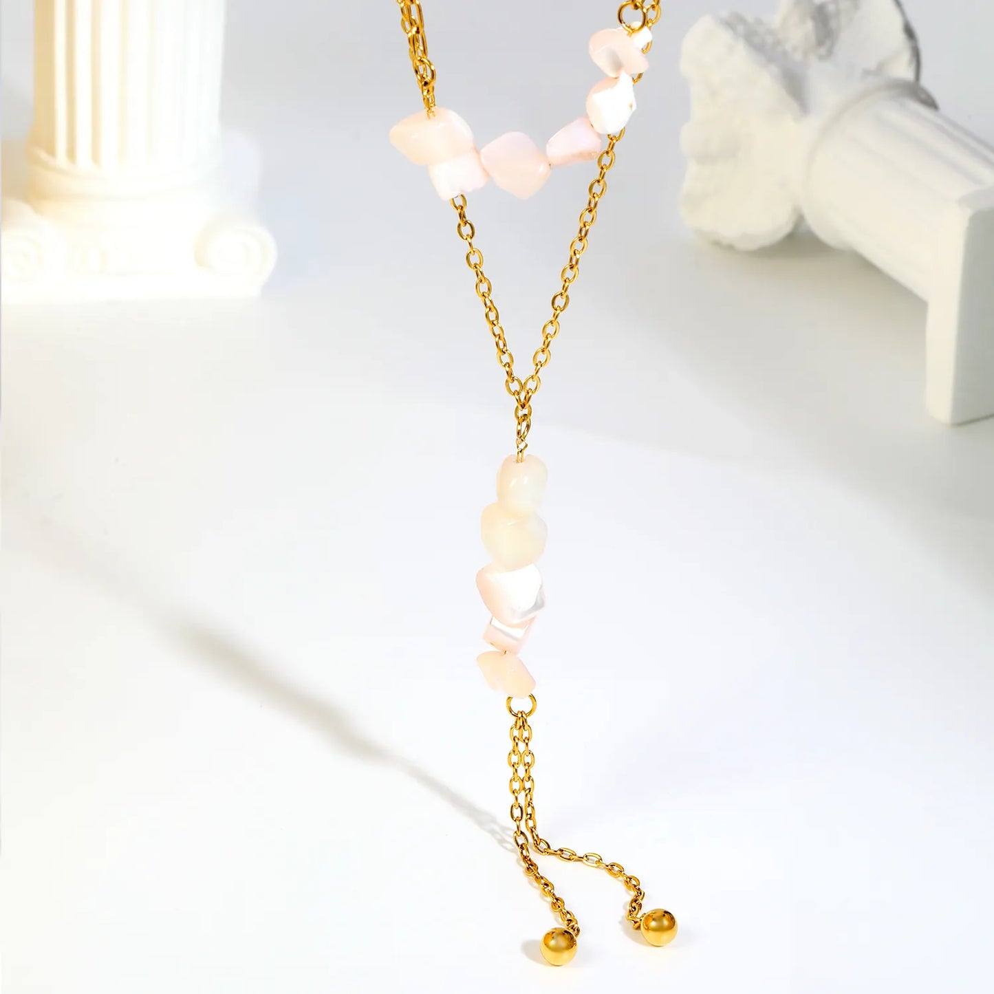 Double Layer Natural Stone Bead Y Drop Lariat Necklace Tassel Ball End Design | Multi Color Options | Boho Summer Beach Layering Jewelry