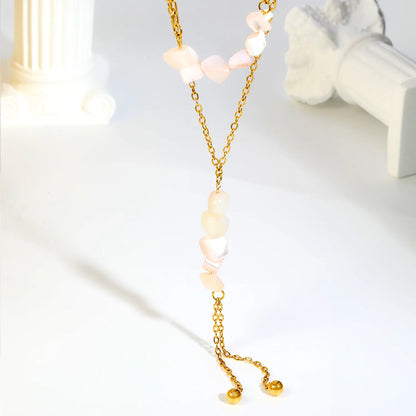 Double Layer Natural Stone Bead Y Drop Lariat Necklace Tassel Ball End Design | Multi Color Options | Boho Summer Beach Layering Jewelry