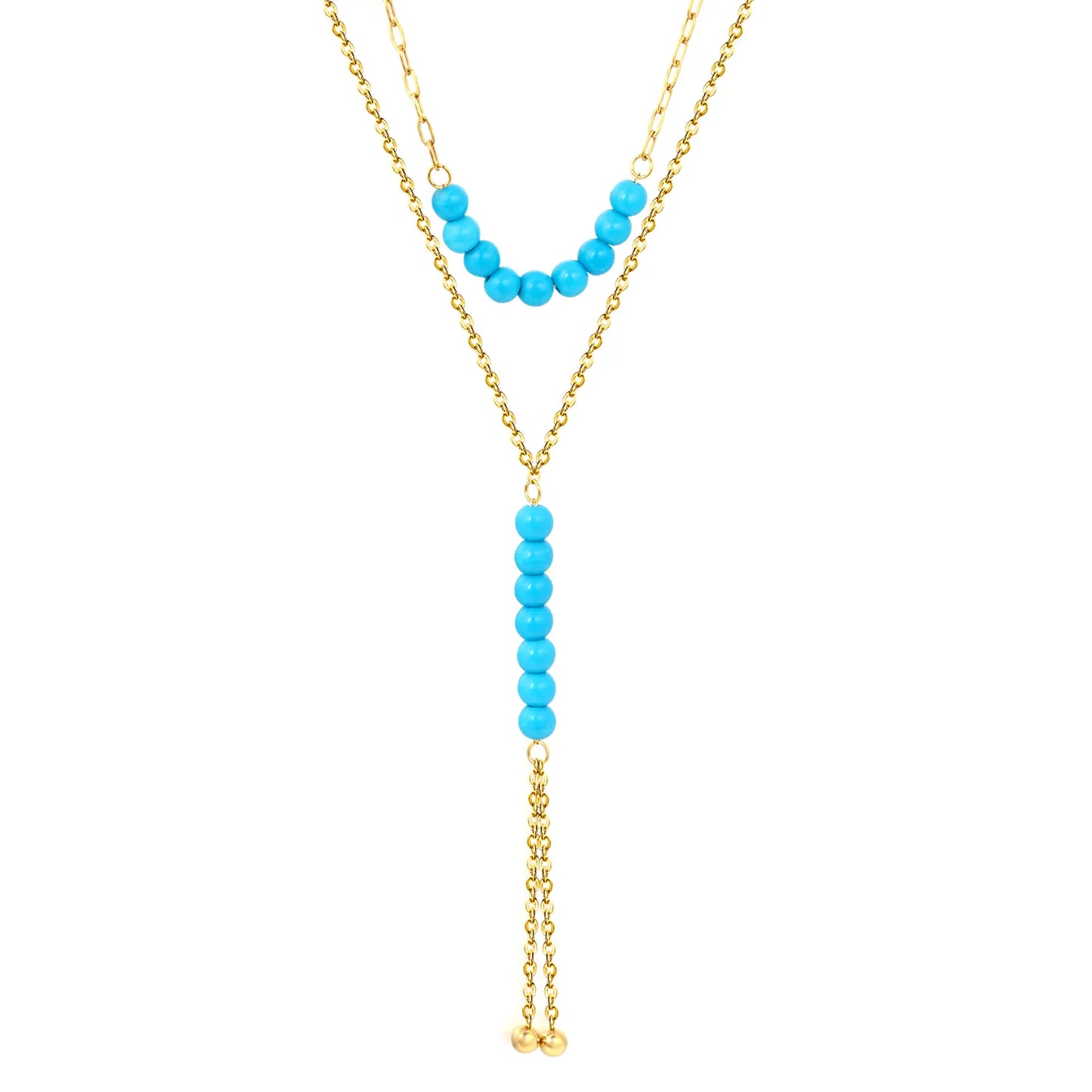 Double Layer Natural Stone Bead Y Drop Lariat Necklace Tassel Ball End Design | Multi Color Options | Boho Summer Beach Layering Jewelry