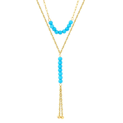 Double Layer Natural Stone Bead Y Drop Lariat Necklace Tassel Ball End Design | Multi Color Options | Boho Summer Beach Layering Jewelry