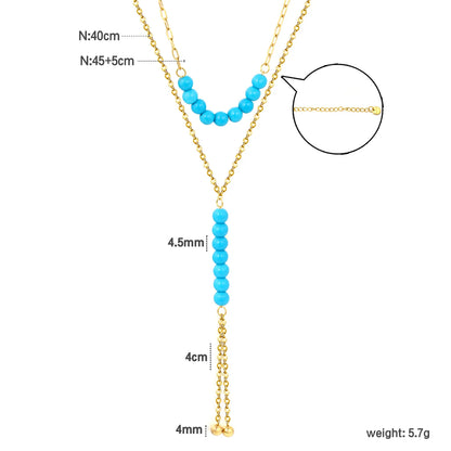 Double Layer Natural Stone Bead Y Drop Lariat Necklace Tassel Ball End Design | Multi Color Options | Boho Summer Beach Layering Jewelry