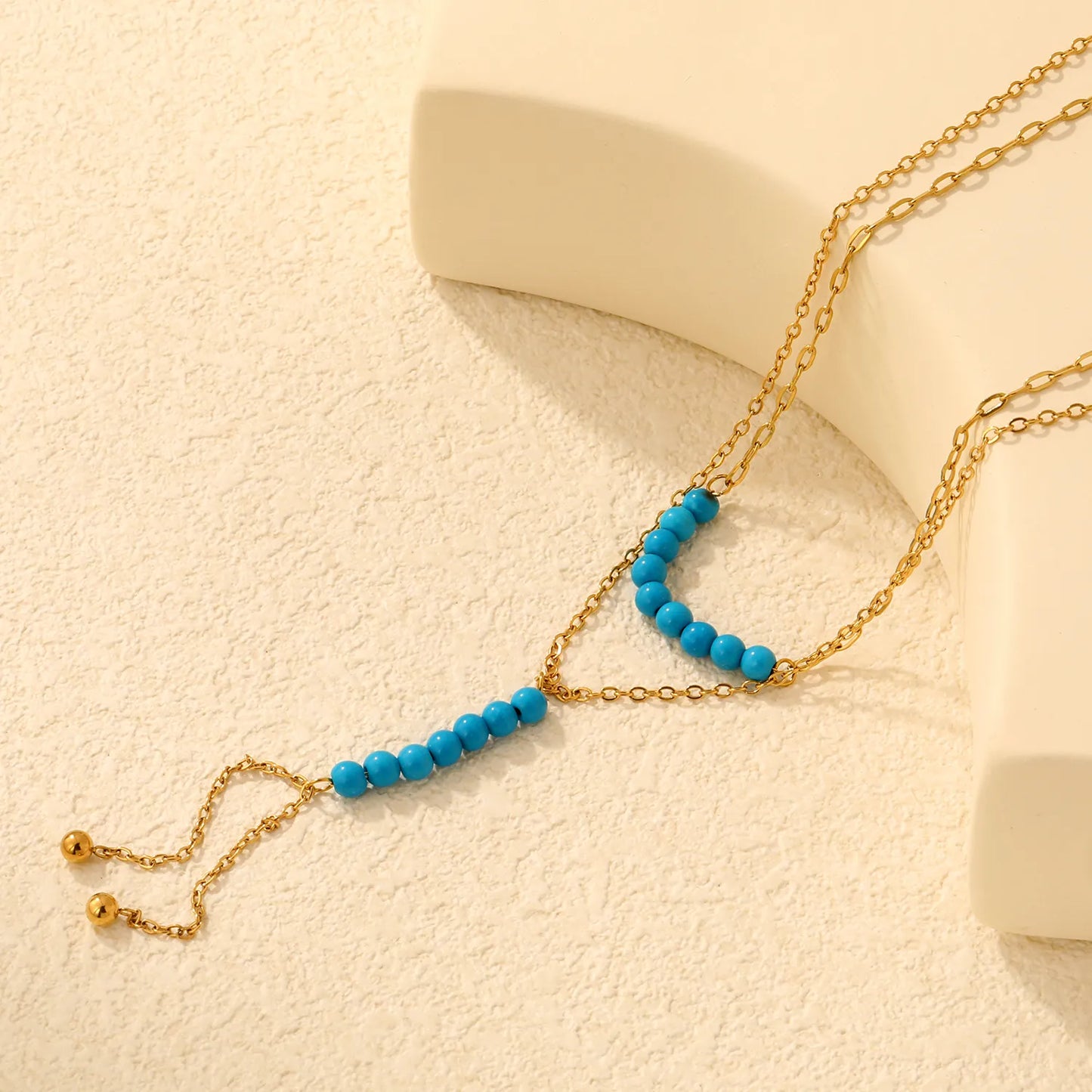 Double Layer Natural Stone Bead Y Drop Lariat Necklace Tassel Ball End Design | Multi Color Options | Boho Summer Beach Layering Jewelry