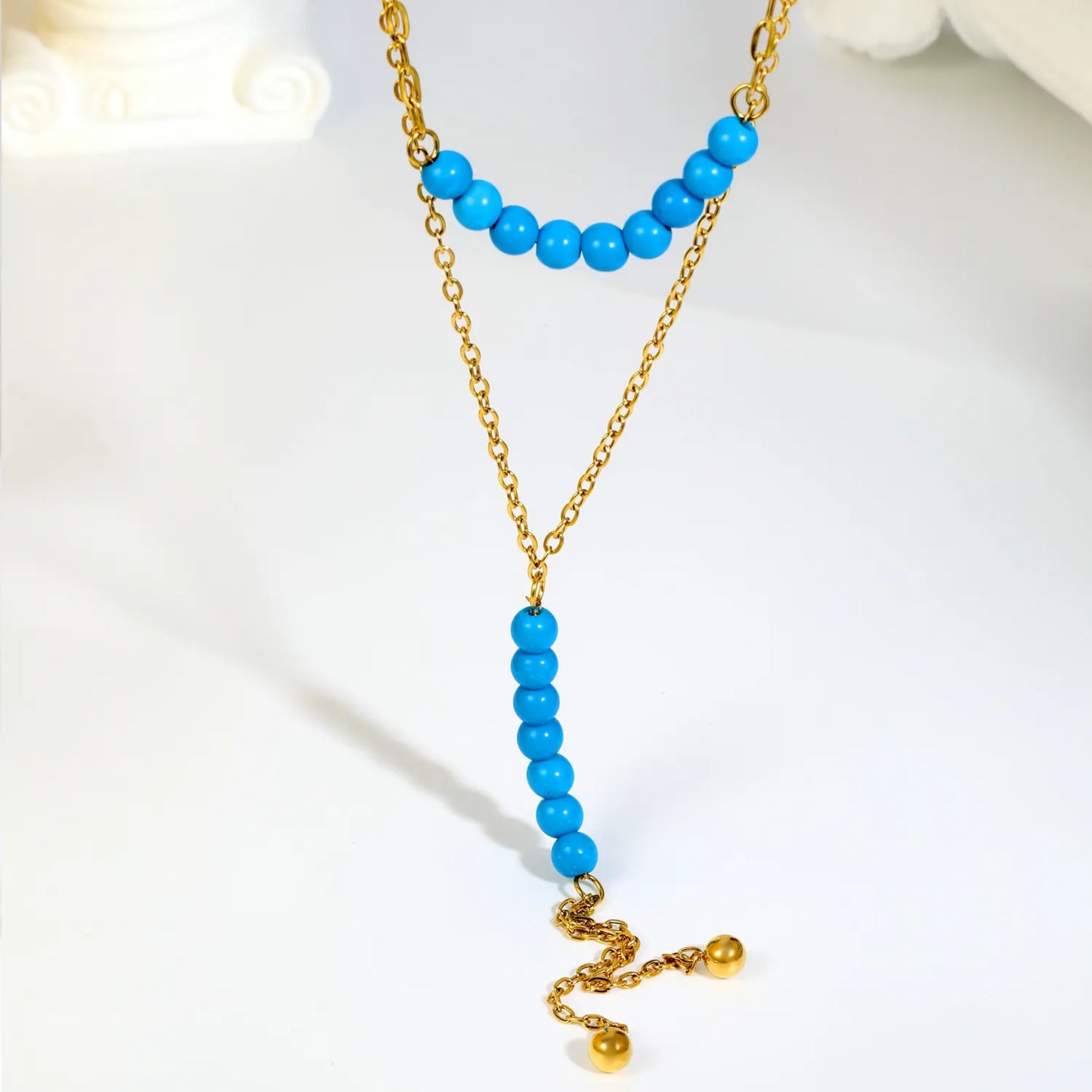 Double Layer Natural Stone Bead Y Drop Lariat Necklace Tassel Ball End Design | Multi Color Options | Boho Summer Beach Layering Jewelry