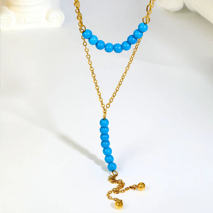 Double Layer Natural Stone Bead Y Drop Lariat Necklace Tassel Ball End Design | Multi Color Options | Boho Summer Beach Layering Jewelry
