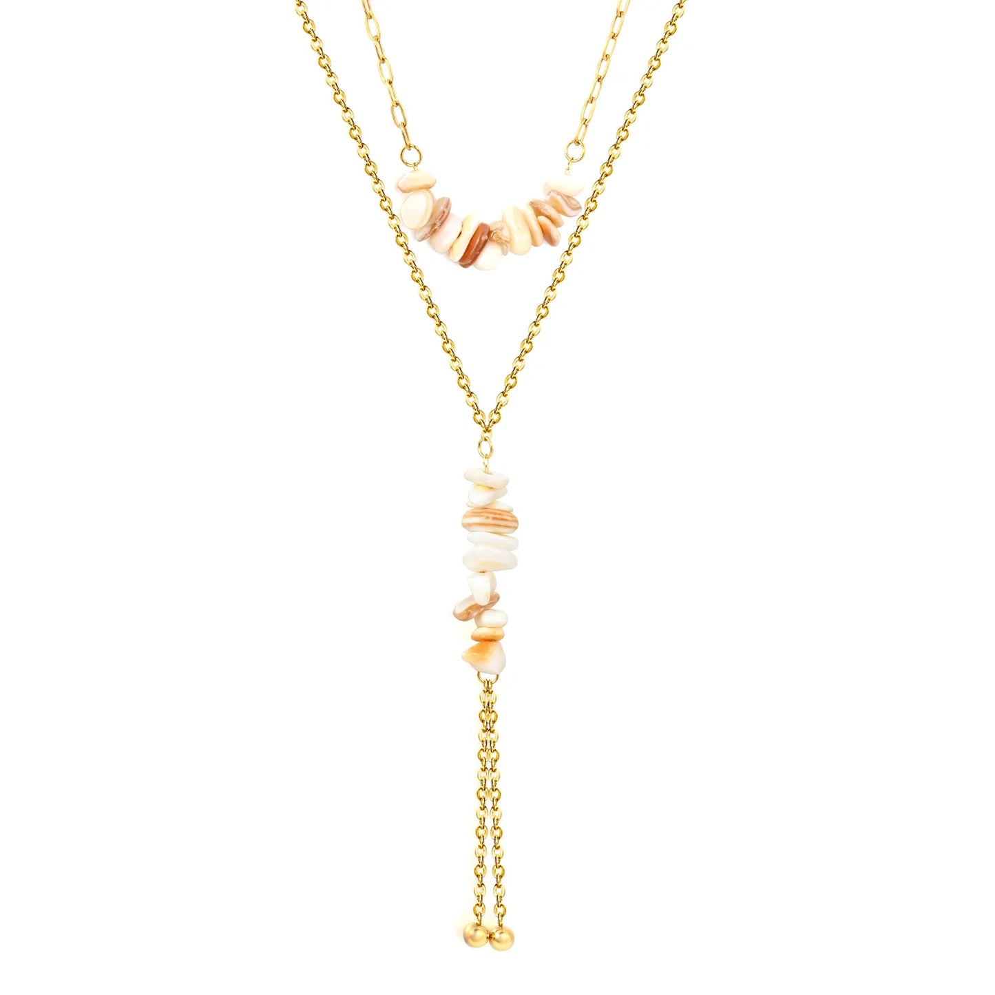 Double Layer Natural Stone Bead Y Drop Lariat Necklace Tassel Ball End Design | Multi Color Options | Boho Summer Beach Layering Jewelry