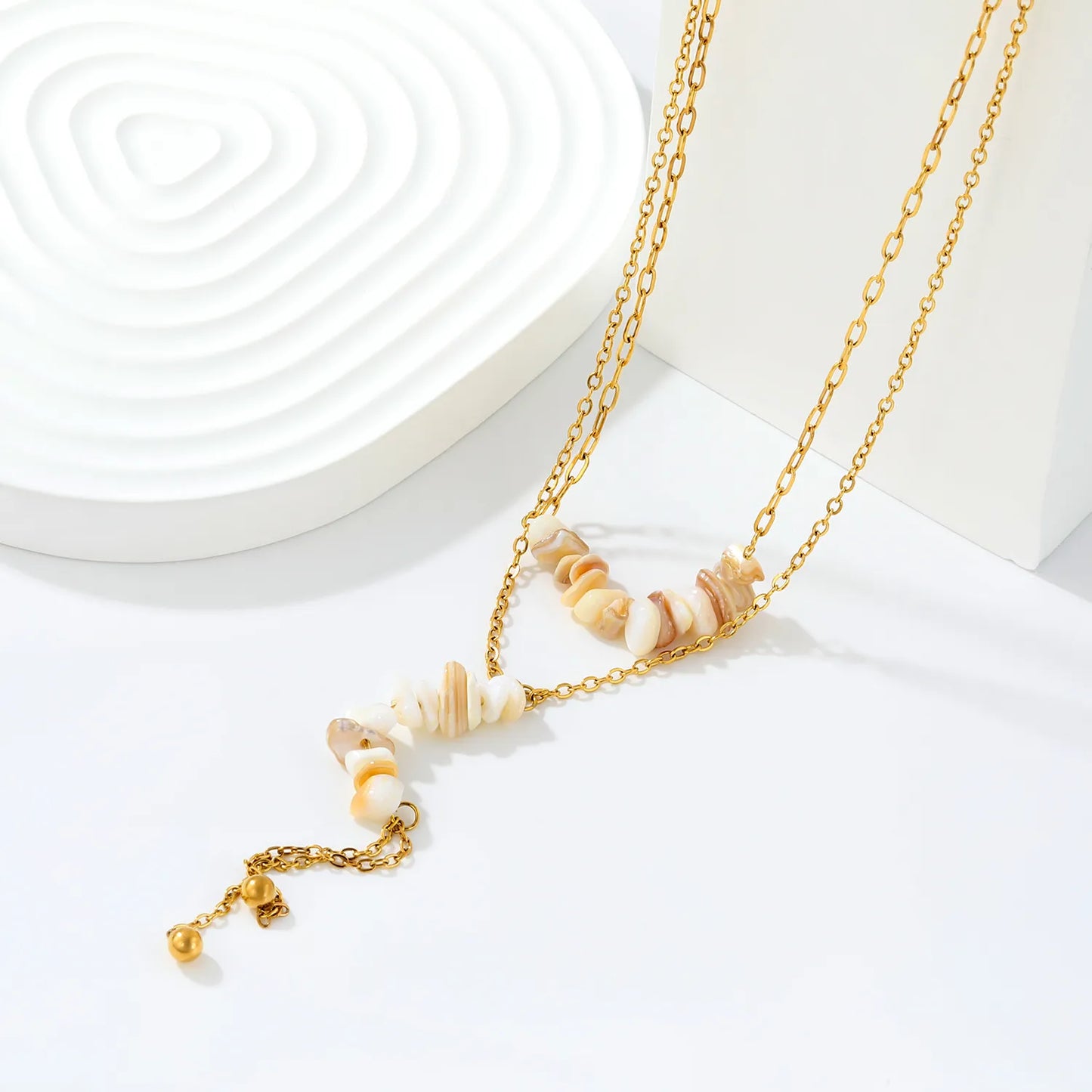 Double Layer Natural Stone Bead Y Drop Lariat Necklace Tassel Ball End Design | Multi Color Options | Boho Summer Beach Layering Jewelry