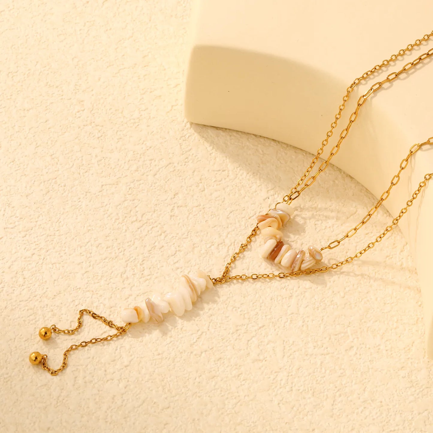 Double Layer Natural Stone Bead Y Drop Lariat Necklace Tassel Ball End Design | Multi Color Options | Boho Summer Beach Layering Jewelry