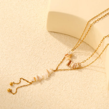 Double Layer Natural Stone Bead Y Drop Lariat Necklace Tassel Ball End Design | Multi Color Options | Boho Summer Beach Layering Jewelry
