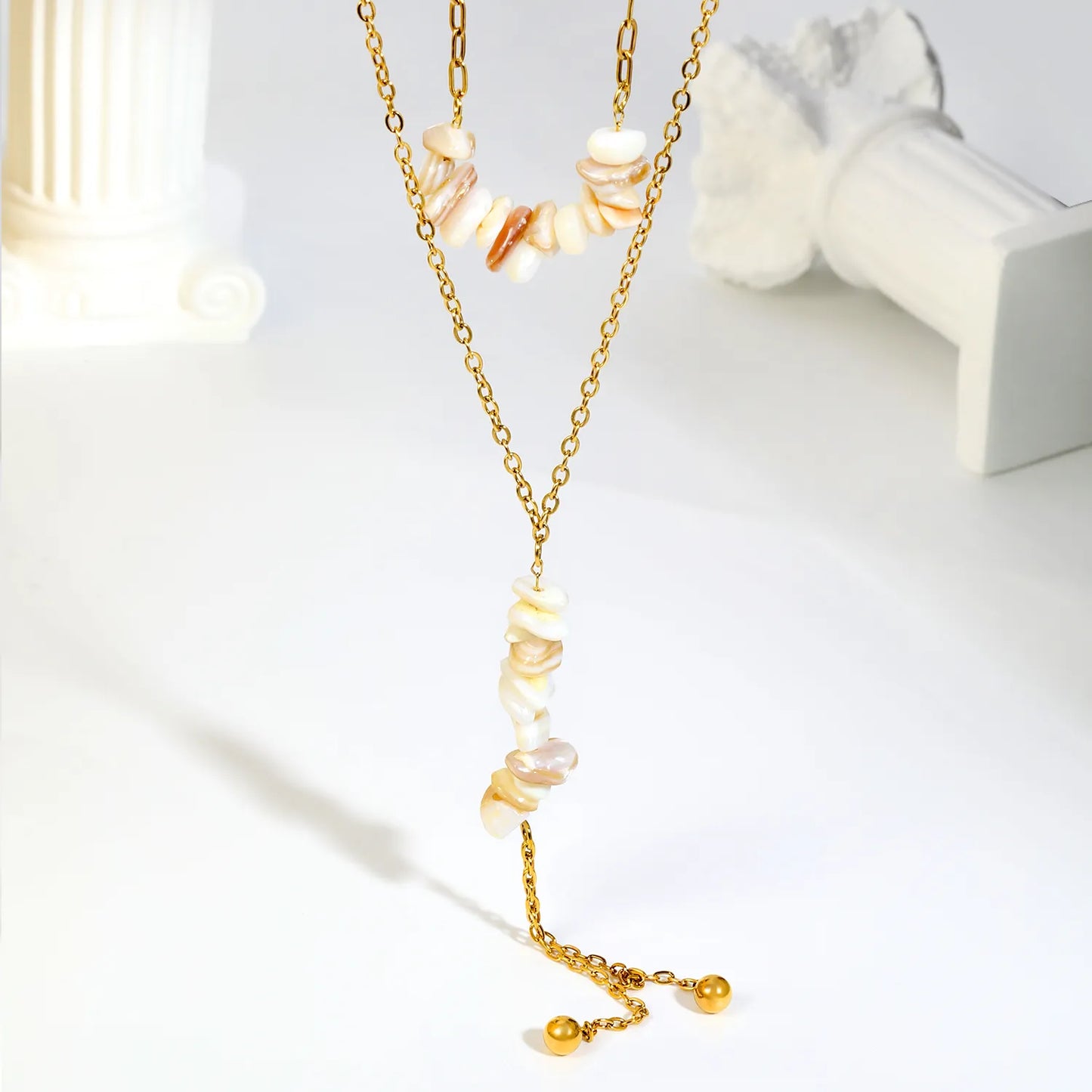 Double Layer Natural Stone Bead Y Drop Lariat Necklace Tassel Ball End Design | Multi Color Options | Boho Summer Beach Layering Jewelry