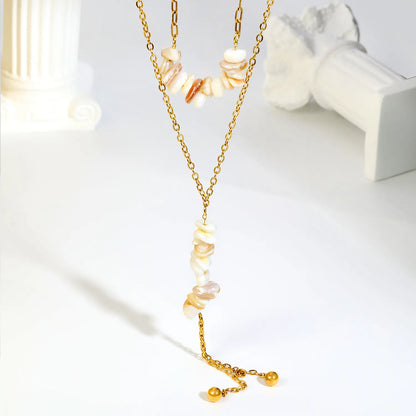 Double Layer Natural Stone Bead Y Drop Lariat Necklace Tassel Ball End Design | Multi Color Options | Boho Summer Beach Layering Jewelry