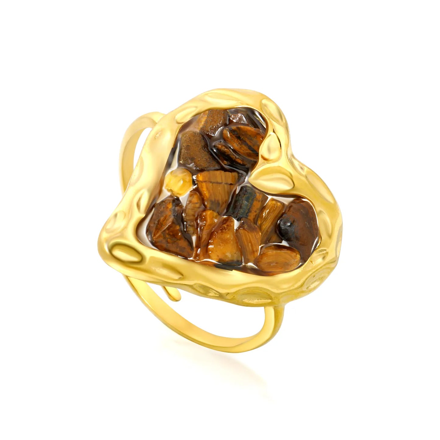 6 Colors Heart Shape Natural Crystal Chip Adjustable Open Ring | 18.7mm Irregular Gemstone Center | US Size 7 Adjustable Fit | 18K Gold Plated Hypoallergenic Stainless Steel Love Statement Ring Wholesale Bulk Supply