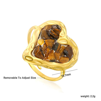 6 Colors Heart Shape Natural Crystal Chip Adjustable Open Ring | 18.7mm Irregular Gemstone Center | US Size 7 Adjustable Fit | 18K Gold Plated Hypoallergenic Stainless Steel Love Statement Ring Wholesale Bulk Supply