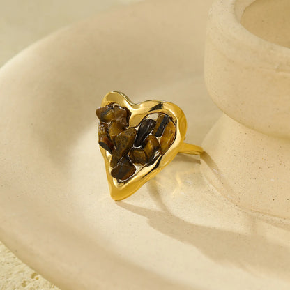 6 Colors Heart Shape Natural Crystal Chip Adjustable Open Ring | 18.7mm Irregular Gemstone Center | US Size 7 Adjustable Fit | 18K Gold Plated Hypoallergenic Stainless Steel Love Statement Ring Wholesale Bulk Supply