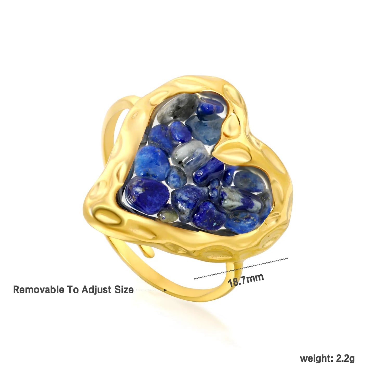 6 Colors Heart Shape Natural Crystal Chip Adjustable Open Ring | 18.7mm Irregular Gemstone Center | US Size 7 Adjustable Fit | 18K Gold Plated Hypoallergenic Stainless Steel Love Statement Ring Wholesale Bulk Supply