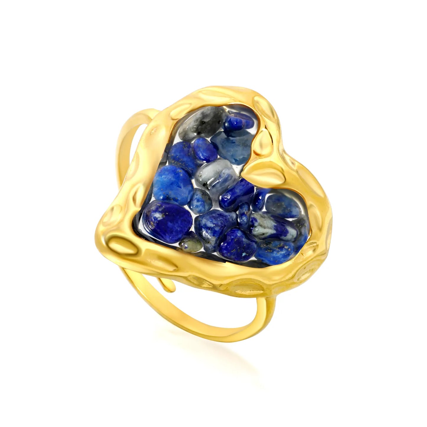 6 Colors Heart Shape Natural Crystal Chip Adjustable Open Ring | 18.7mm Irregular Gemstone Center | US Size 7 Adjustable Fit | 18K Gold Plated Hypoallergenic Stainless Steel Love Statement Ring Wholesale Bulk Supply