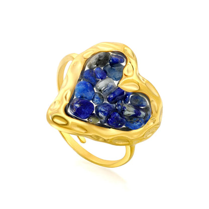 6 Colors Heart Shape Natural Crystal Chip Adjustable Open Ring | 18.7mm Irregular Gemstone Center | US Size 7 Adjustable Fit | 18K Gold Plated Hypoallergenic Stainless Steel Love Statement Ring Wholesale Bulk Supply
