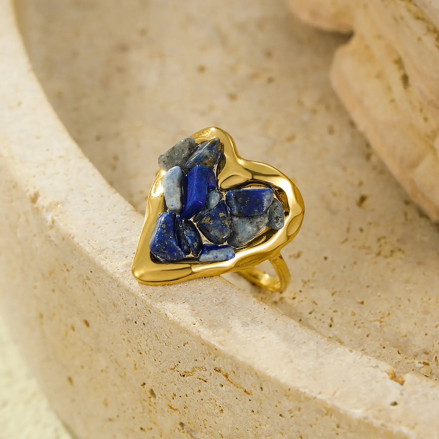 6 Colors Heart Shape Natural Crystal Chip Adjustable Open Ring | 18.7mm Irregular Gemstone Center | US Size 7 Adjustable Fit | 18K Gold Plated Hypoallergenic Stainless Steel Love Statement Ring Wholesale Bulk Supply