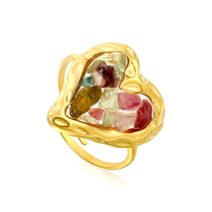 6 Colors Heart Shape Natural Crystal Chip Adjustable Open Ring | 18.7mm Irregular Gemstone Center | US Size 7 Adjustable Fit | 18K Gold Plated Hypoallergenic Stainless Steel Love Statement Ring Wholesale Bulk Supply