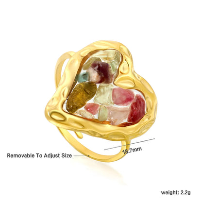 6 Colors Heart Shape Natural Crystal Chip Adjustable Open Ring | 18.7mm Irregular Gemstone Center | US Size 7 Adjustable Fit | 18K Gold Plated Hypoallergenic Stainless Steel Love Statement Ring Wholesale Bulk Supply