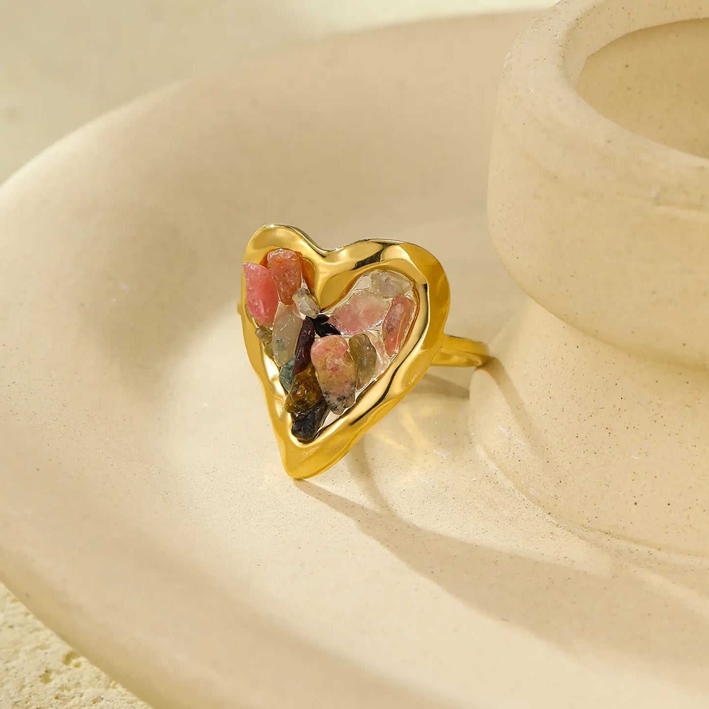 6 Colors Heart Shape Natural Crystal Chip Adjustable Open Ring | 18.7mm Irregular Gemstone Center | US Size 7 Adjustable Fit | 18K Gold Plated Hypoallergenic Stainless Steel Love Statement Ring Wholesale Bulk Supply