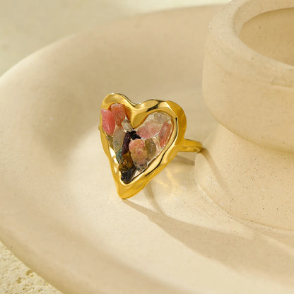 6 Colors Heart Shape Natural Crystal Chip Adjustable Open Ring | 18.7mm Irregular Gemstone Center | US Size 7 Adjustable Fit | 18K Gold Plated Hypoallergenic Stainless Steel Love Statement Ring Wholesale Bulk Supply