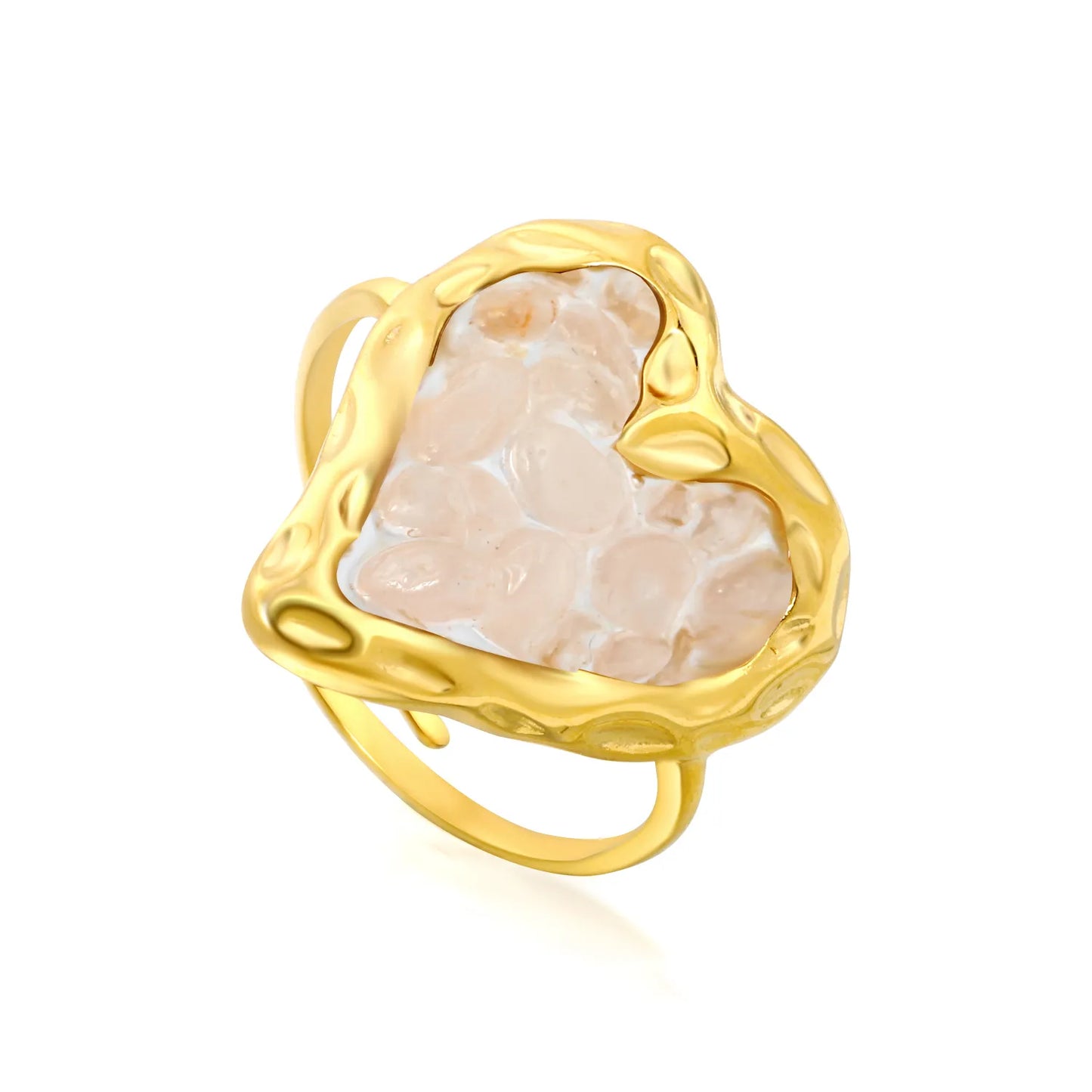 6 Colors Heart Shape Natural Crystal Chip Adjustable Open Ring | 18.7mm Irregular Gemstone Center | US Size 7 Adjustable Fit | 18K Gold Plated Hypoallergenic Stainless Steel Love Statement Ring Wholesale Bulk Supply
