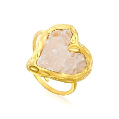 6 Colors Heart Shape Natural Crystal Chip Adjustable Open Ring | 18.7mm Irregular Gemstone Center | US Size 7 Adjustable Fit | 18K Gold Plated Hypoallergenic Stainless Steel Love Statement Ring Wholesale Bulk Supply