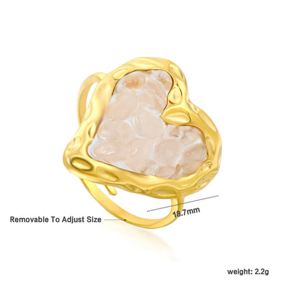 6 Colors Heart Shape Natural Crystal Chip Adjustable Open Ring | 18.7mm Irregular Gemstone Center | US Size 7 Adjustable Fit | 18K Gold Plated Hypoallergenic Stainless Steel Love Statement Ring Wholesale Bulk Supply