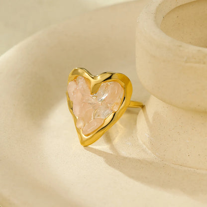 6 Colors Heart Shape Natural Crystal Chip Adjustable Open Ring | 18.7mm Irregular Gemstone Center | US Size 7 Adjustable Fit | 18K Gold Plated Hypoallergenic Stainless Steel Love Statement Ring Wholesale Bulk Supply