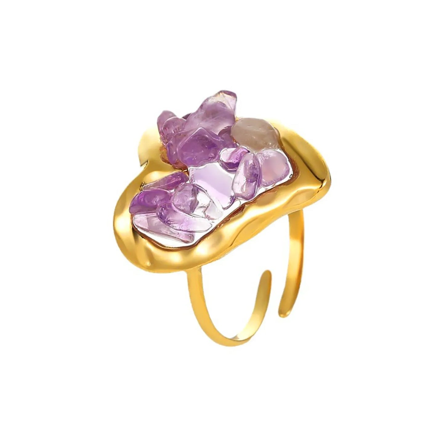 6 Colors Heart Shape Natural Crystal Chip Adjustable Open Ring | 18.7mm Irregular Gemstone Center | US Size 7 Adjustable Fit | 18K Gold Plated Hypoallergenic Stainless Steel Love Statement Ring Wholesale Bulk Supply