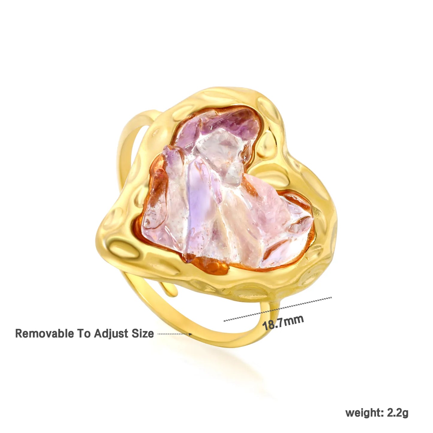 6 Colors Heart Shape Natural Crystal Chip Adjustable Open Ring | 18.7mm Irregular Gemstone Center | US Size 7 Adjustable Fit | 18K Gold Plated Hypoallergenic Stainless Steel Love Statement Ring Wholesale Bulk Supply