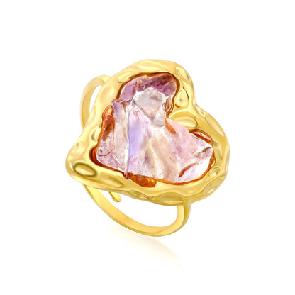 6 Colors Heart Shape Natural Crystal Chip Adjustable Open Ring | 18.7mm Irregular Gemstone Center | US Size 7 Adjustable Fit | 18K Gold Plated Hypoallergenic Stainless Steel Love Statement Ring Wholesale Bulk Supply