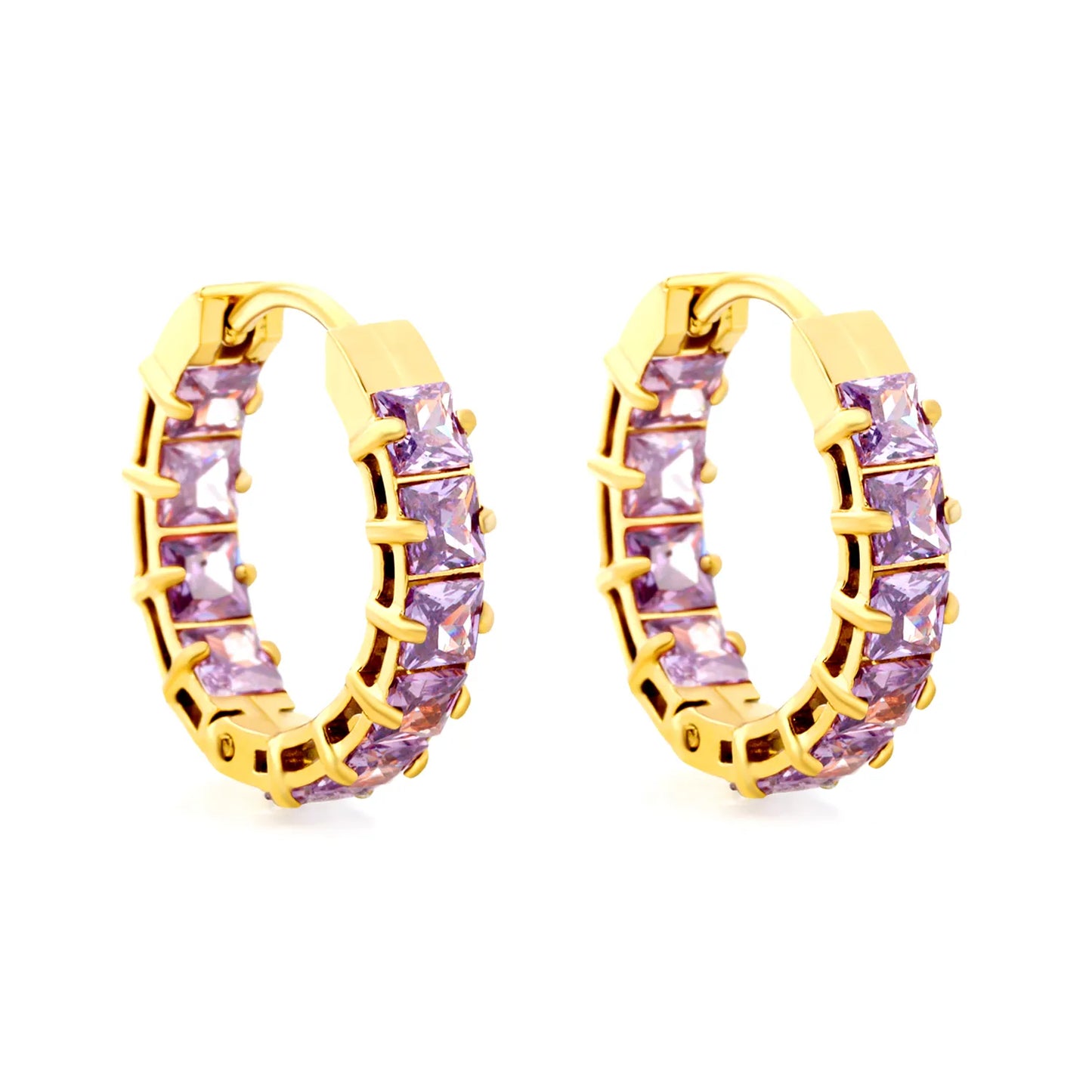 Square Purple Cubic Zirconia Open Hollow Huggie Hoop Earrings | Gold & Silver | Hypoallergenic Stainless Steel Small Sparkle Hoop Earrings | Wholesale MOQ 12