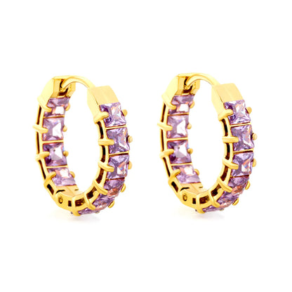 Square Purple Cubic Zirconia Open Hollow Huggie Hoop Earrings | Gold & Silver | Hypoallergenic Stainless Steel Small Sparkle Hoop Earrings | Wholesale MOQ 12