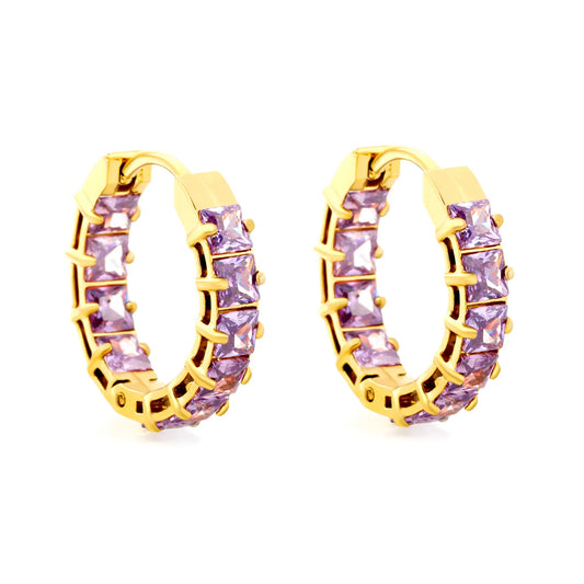 Square Purple Cubic Zirconia Open Hollow Huggie Hoop Earrings | Gold & Silver | Hypoallergenic Stainless Steel Small Sparkle Hoop Earrings | Wholesale MOQ 12