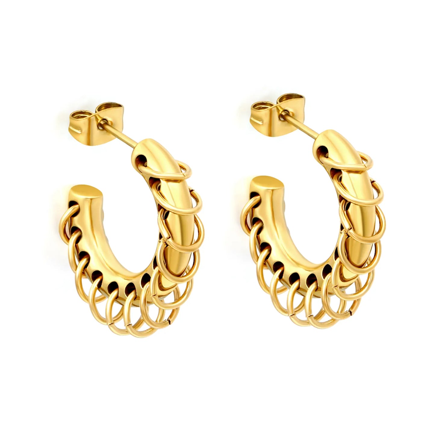 Two-Tone Dangle Chain C-Hoop Stud Earrings | 18K Gold Plated Stainless Steel Punk Hollow Hoop Earrings | Wholesale MOQ 12