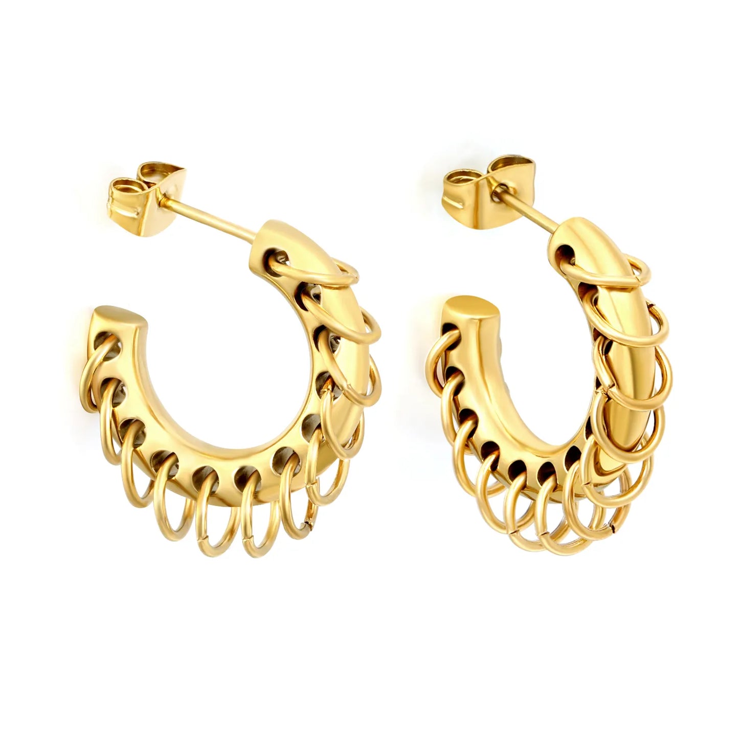 Two-Tone Dangle Chain C-Hoop Stud Earrings | 18K Gold Plated Stainless Steel Punk Hollow Hoop Earrings | Wholesale MOQ 12