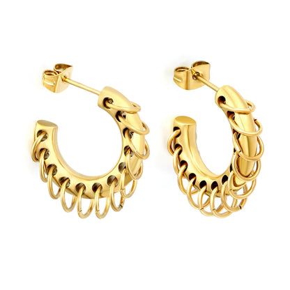 Two-Tone Dangle Chain C-Hoop Stud Earrings | 18K Gold Plated Stainless Steel Punk Hollow Hoop Earrings | Wholesale MOQ 12