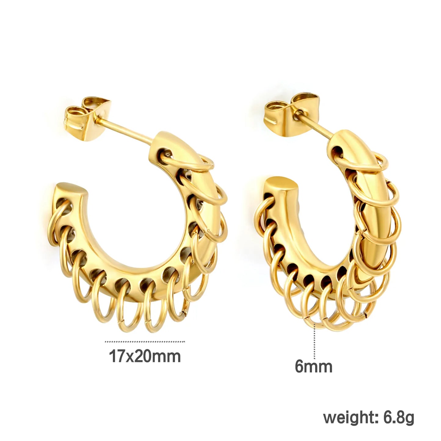 Two-Tone Dangle Chain C-Hoop Stud Earrings | 18K Gold Plated Stainless Steel Punk Hollow Hoop Earrings | Wholesale MOQ 12