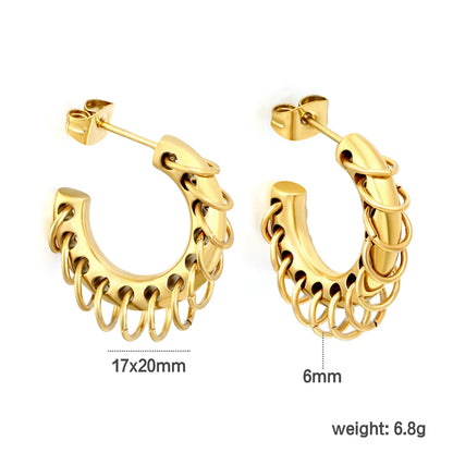 Two-Tone Dangle Chain C-Hoop Stud Earrings | 18K Gold Plated Stainless Steel Punk Hollow Hoop Earrings | Wholesale MOQ 12