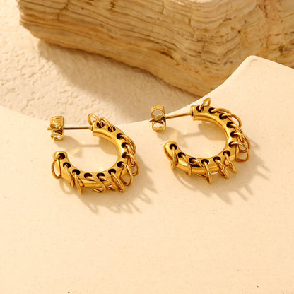 Two-Tone Dangle Chain C-Hoop Stud Earrings | 18K Gold Plated Stainless Steel Punk Hollow Hoop Earrings | Wholesale MOQ 12