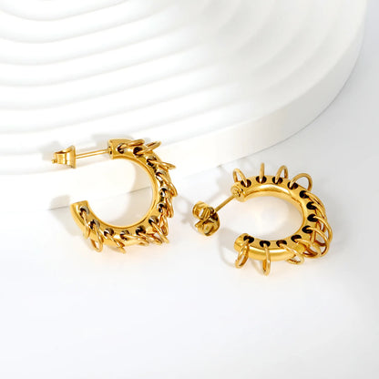 Two-Tone Dangle Chain C-Hoop Stud Earrings | 18K Gold Plated Stainless Steel Punk Hollow Hoop Earrings | Wholesale MOQ 12