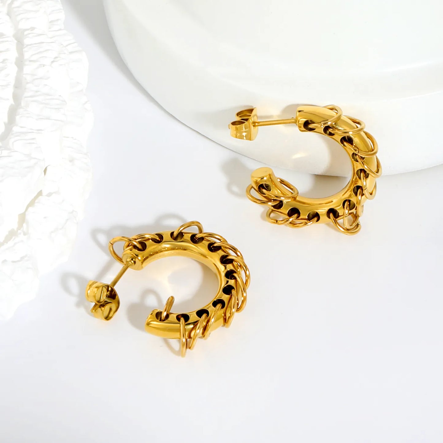 Two-Tone Dangle Chain C-Hoop Stud Earrings | 18K Gold Plated Stainless Steel Punk Hollow Hoop Earrings | Wholesale MOQ 12