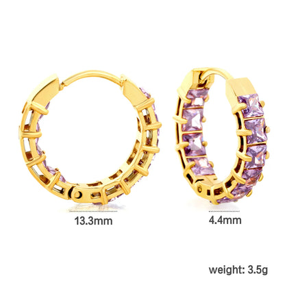Square Purple Cubic Zirconia Open Hollow Huggie Hoop Earrings | Gold & Silver | Hypoallergenic Stainless Steel Small Sparkle Hoop Earrings | Wholesale MOQ 12