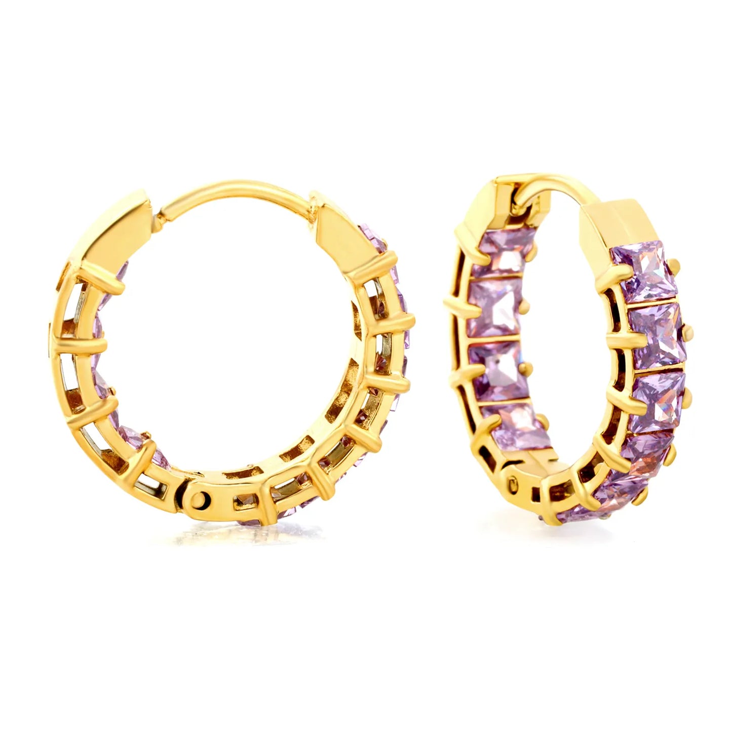 Square Purple Cubic Zirconia Open Hollow Huggie Hoop Earrings | Gold & Silver | Hypoallergenic Stainless Steel Small Sparkle Hoop Earrings | Wholesale MOQ 12
