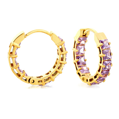 Square Purple Cubic Zirconia Open Hollow Huggie Hoop Earrings | Gold & Silver | Hypoallergenic Stainless Steel Small Sparkle Hoop Earrings | Wholesale MOQ 12